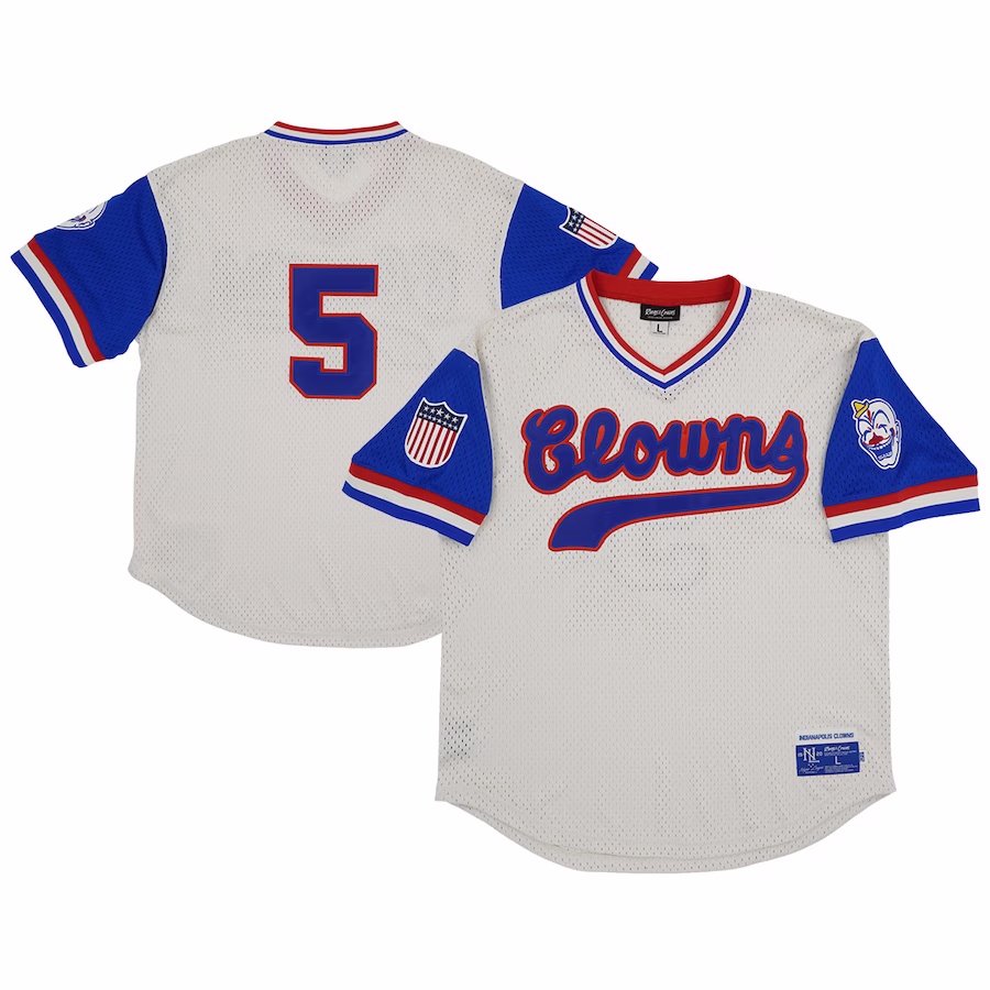 Men's Indianapolis Clowns #5 Rings & Crwns Cream Mesh Replica V-Neck Jersey - ujerseystore