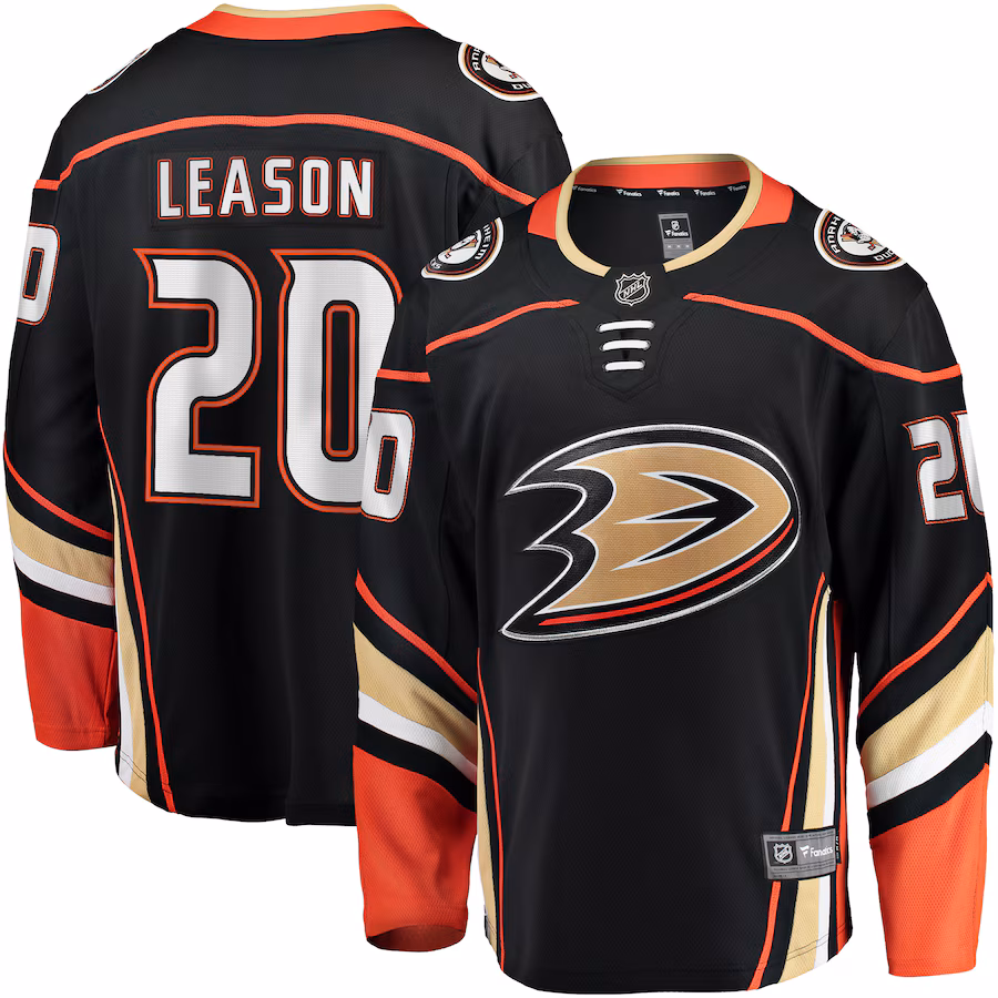 Men's Anaheim Ducks Brett Leason Fanatics Black Home Premier Breakaway Player Jersey - ujerseystore
