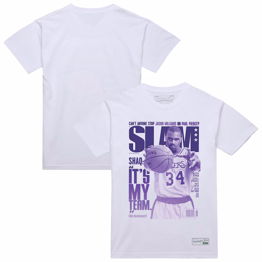 Men's Los Angeles Lakers Shaquille O'Neal Mitchell & Ness White SLAM Gradient T-Shirt - ujerseystore