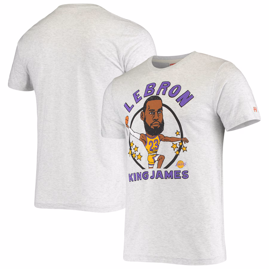 Men's Los Angeles Lakers LeBron James Homage Heathered Ash Caricature Tri-Blend T-Shirt - ujerseystore