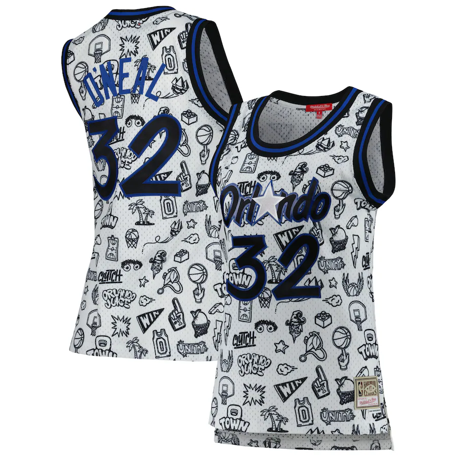 Women's Orlando Magic Shaquille O'Neal Mitchell & Ness White 1994 Doodle Swingman Jersey - ujerseystore