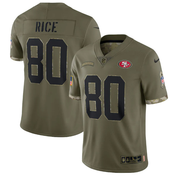 Men's San Francisco 49ers #80 Jerry Rice 2022 Olive Salute To Service Limited Stitched Jersey - ujerseystore