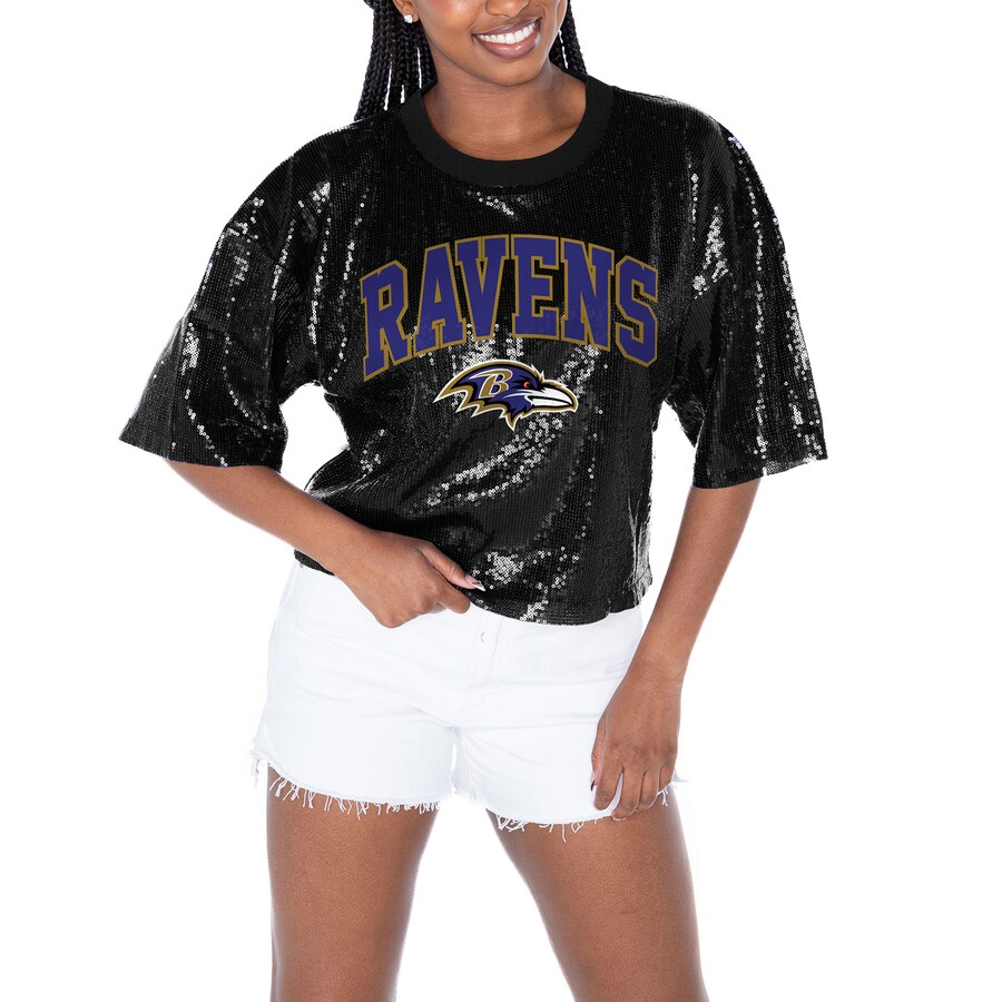 Women's Baltimore Ravens  Gameday Couture Black Rise Up Sequin Cropped T-Shirt - ujerseystore