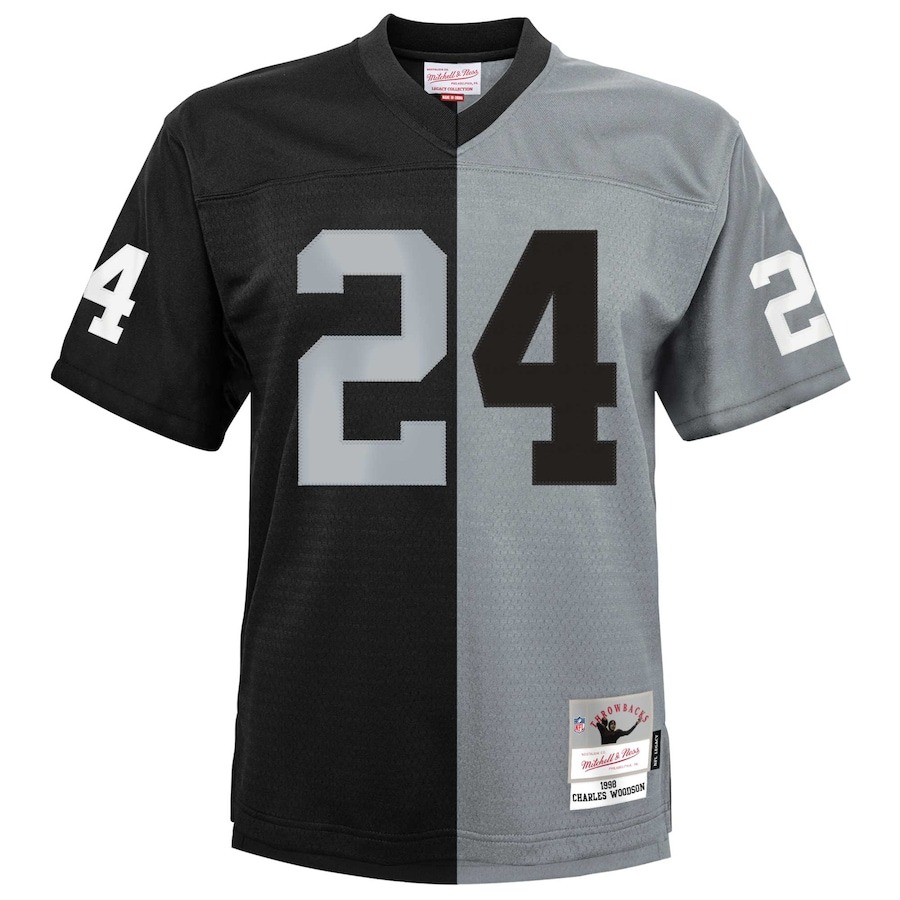 Youth Las Vegas Raiders Charles Woodson Mitchell & Ness Black/Silver Split Legacy Jersey - ujerseystore
