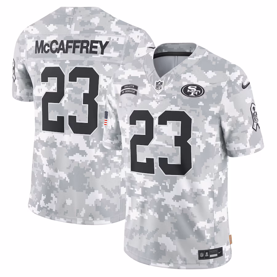 Men's San Francisco 49ers Christian McCaffrey Nike Arctic Camo 2024 Salute to Service Limited Jersey - ujerseystore