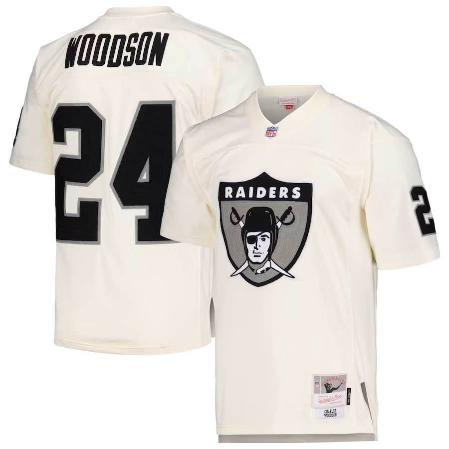 Men's Las Vegas Raiders Charles Woodson Mitchell & Ness Cream Chainstitch Legacy Jersey - ujerseystore