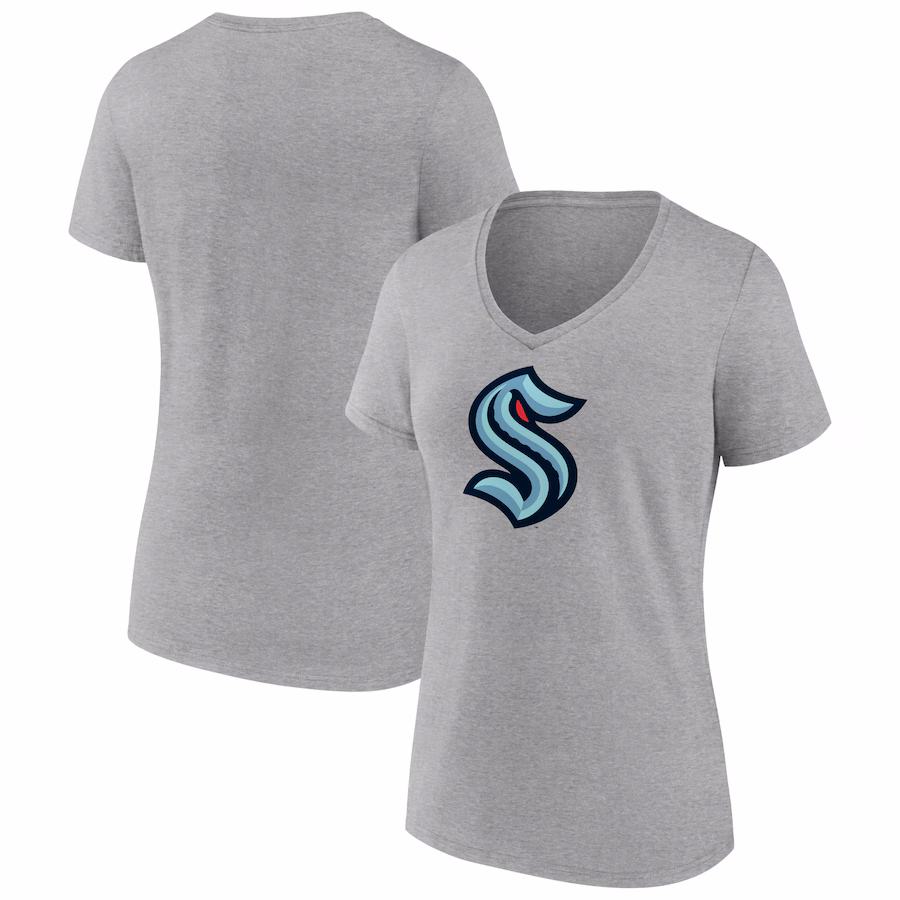 Women's Seattle Kraken Fanatics Heathered Gray Primary Logo Team V-Neck T-Shirt - ujerseystore