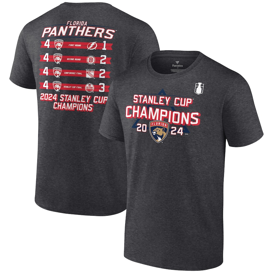 Men's Florida Panthers Fanatics Heather Charcoal 2024 Stanley Cup Champions Schedule T-Shirt - ujerseystore