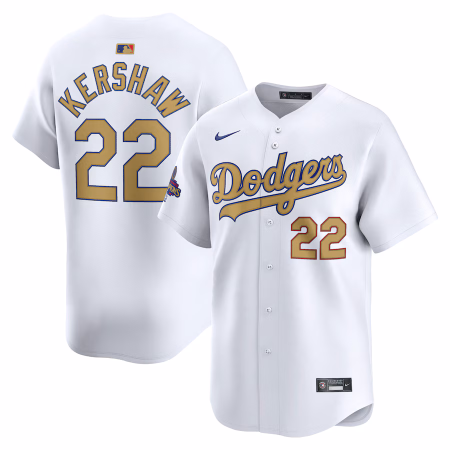 Men's Los Angeles Dodgers Clayton Kershaw Nike White 2025 Gold Collection Limited Jersey - ujerseystore
