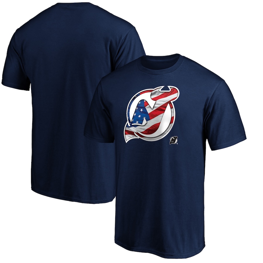 Men's New Jersey Devils Navy Banner Wave Logo T-Shirt - ujerseystore