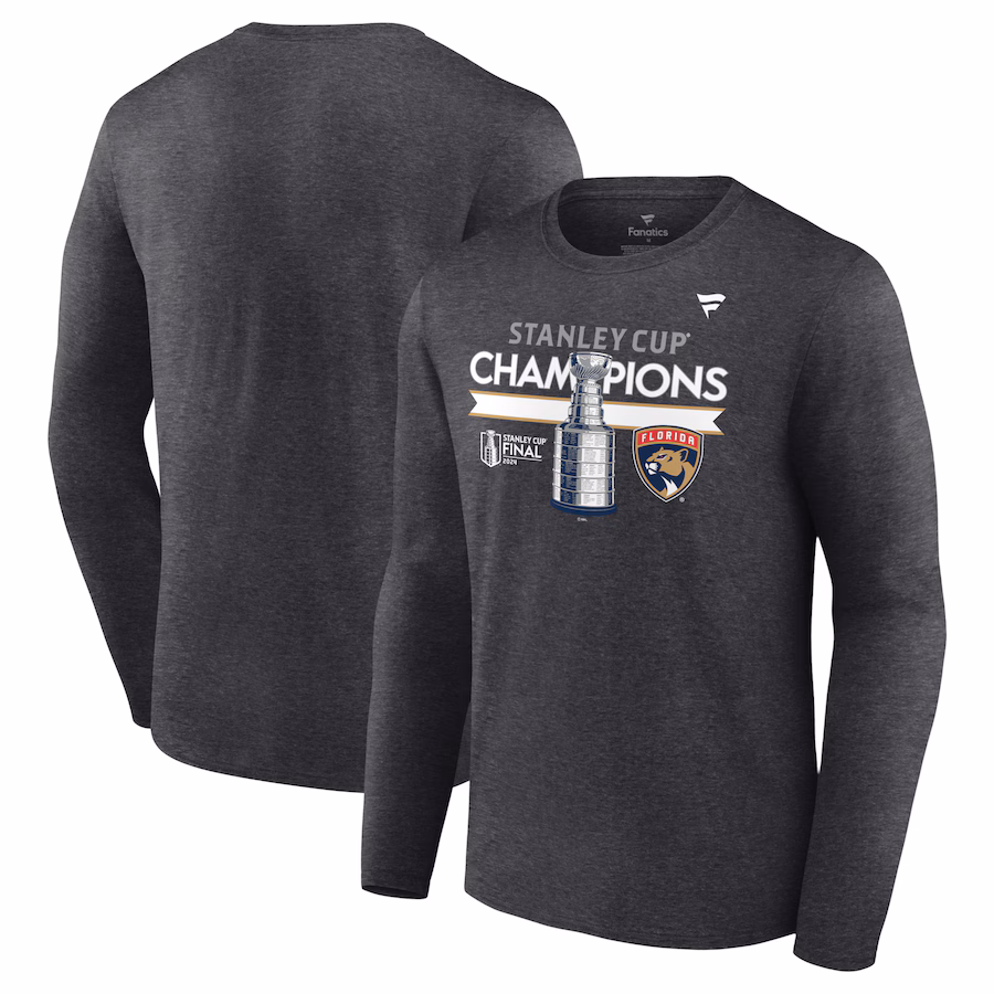 Men's Florida Panthers Fanatics Heather Charcoal 2024 Stanley Cup Champions Locker Room Long Sleeve T-Shirt - ujerseystore