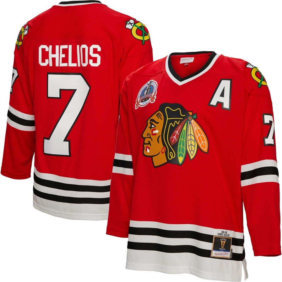 Men's Chicago Blackhawks Chris Chelios Mitchell & Ness Red 1991/92 Alternate Captain Patch Blue Line Player Jersey - ujerseystore