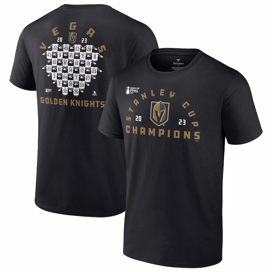 Men's Vegas Golden Knights Fanatics Black 2023 Stanley Cup Champions Jersey Roster T-Shirt - ujerseystore