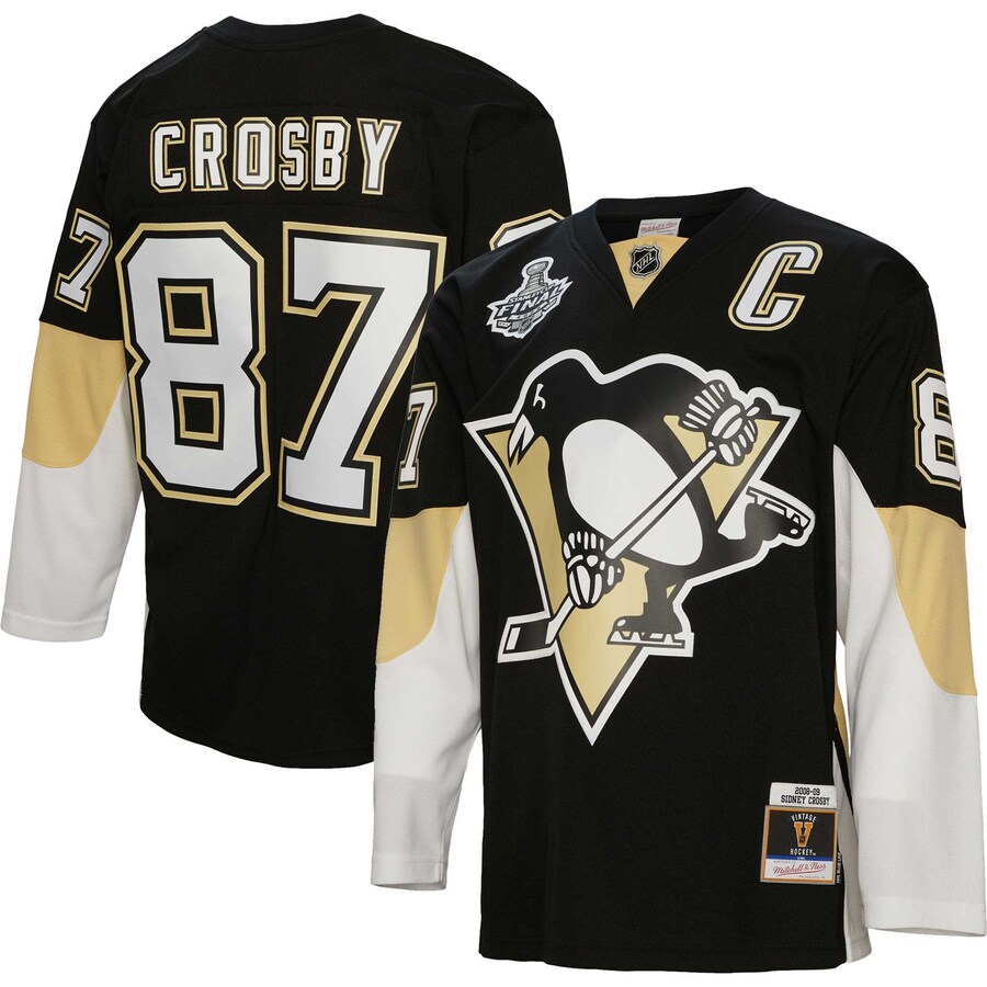 Men's Pittsburgh Penguins Sidney Crosby Mitchell & Ness Black 2008/09 Captain Patch Blue Line Player Jersey - ujerseystore