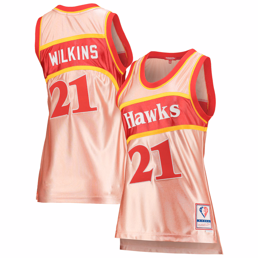 Women's Atlanta Hawks Dominique Wilkins Mitchell & Ness Pink 75th Anniversary Rose Gold 1986 Swingman Jersey - ujerseystore