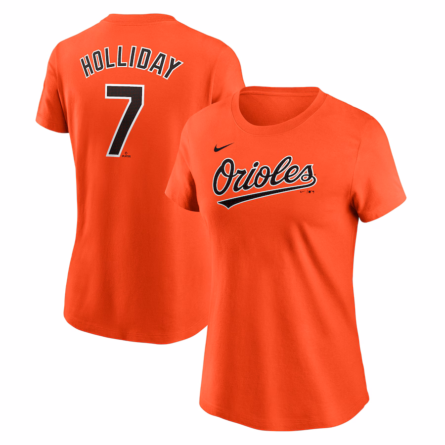 Women's Baltimore Orioles Jackson Holliday Nike Orange Fuse Name & Number T-Shirt - ujerseystore