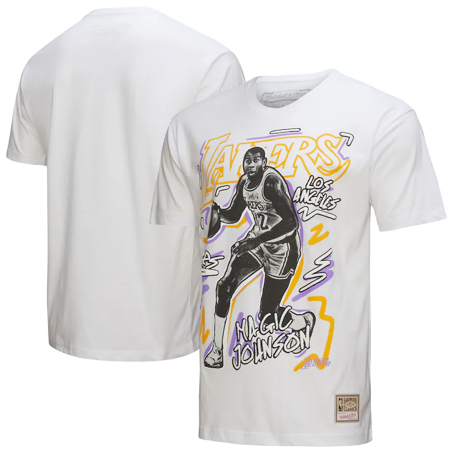 Men's Los Angeles Lakers Magic Johnson Mitchell & Ness White Hardwood Classics Chalked Up T-Shirt - ujerseystore