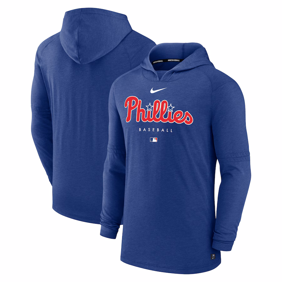 Men's Philadelphia Phillies Nike Heather Royal Authentic Collection Early Work Tri-Blend Performance Pullover Hoodie - ujerseystore