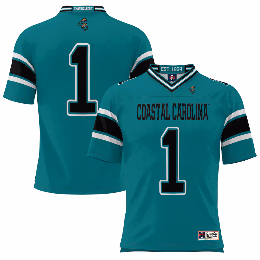 #1 Coastal Carolina Chanticleers GameDay Greats Youth Endzone Football Jersey - Teal - ujerseystore