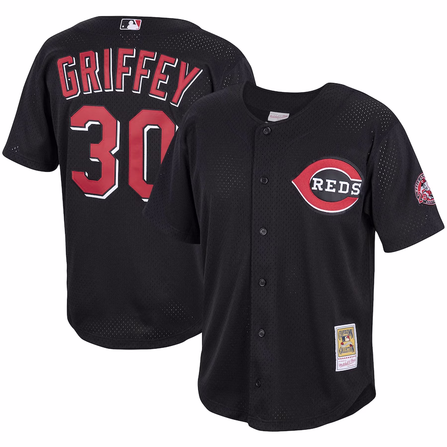 Men's Cincinnati Reds Ken Griffey Jr. Mitchell & Ness Black Cooperstown Collection Mesh Batting Practice Button-Up Jersey - ujerseystore