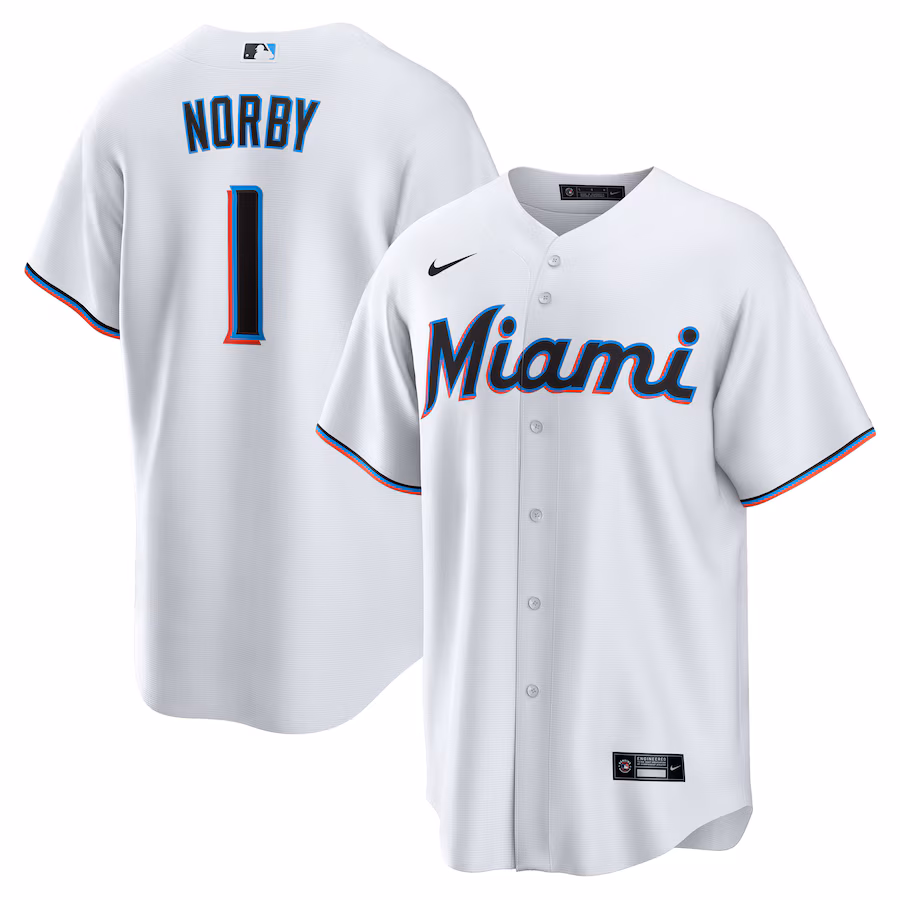 Men's Miami Marlins Connor Norby Nike White Home Replica Jersey - ujerseystore
