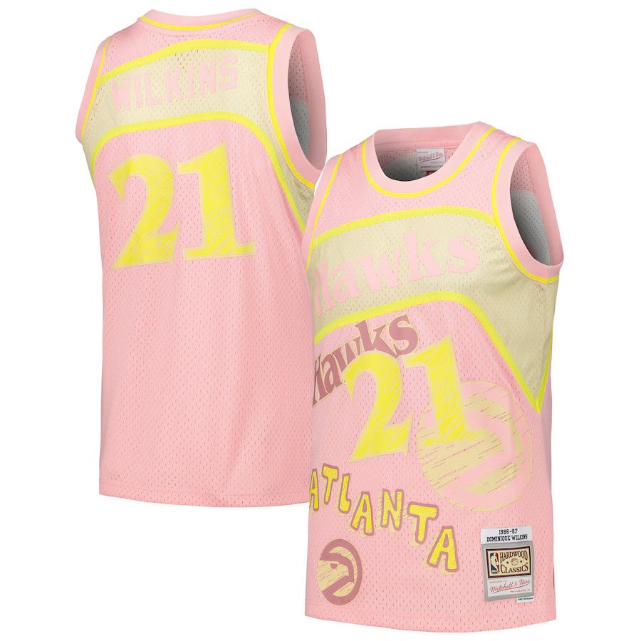 Men's Atlanta Hawks Dominique Wilkins Mitchell & Ness Pink 1986/87 Swingman Sidewalk Sketch Jersey - ujerseystore