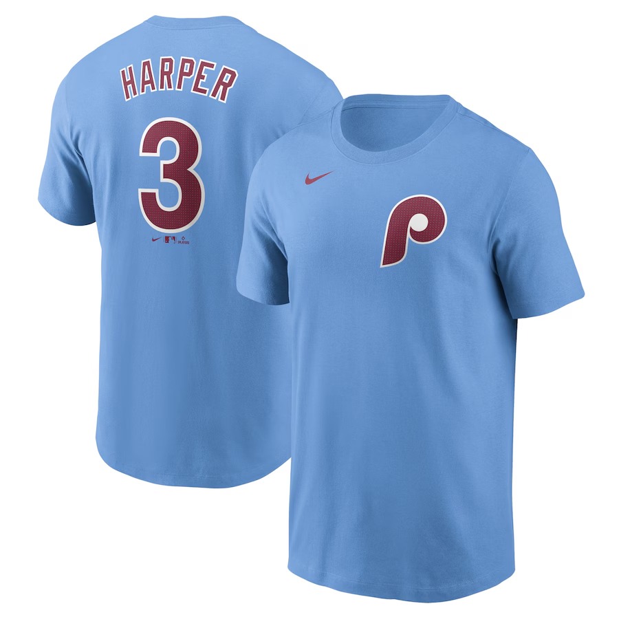 Men's Philadelphia Phillies Bryce Harper Nike Light Blue Fuse Name & Number T-Shirt - ujerseystore