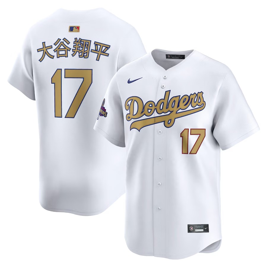 Men's Los Angeles Dodgers Shohei Ohtani Nike White 2025 Gold Collection Kanji Limited Jersey - ujerseystore