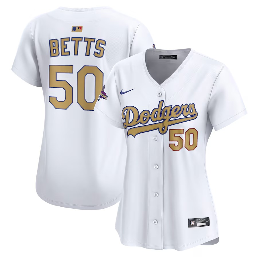 Women's Los Angeles Dodgers Mookie Betts Nike White 2025 Gold Collection Limited Jersey - ujerseystore
