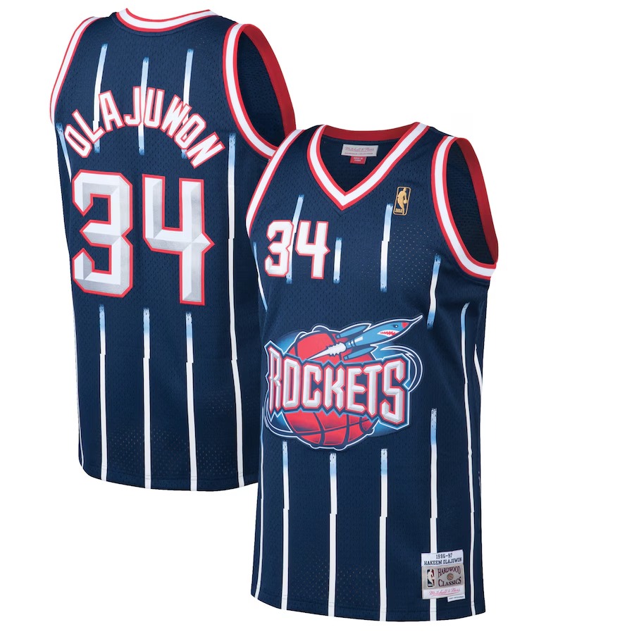 Men's Houston Rockets Hakeem Olajuwon Mitchell & Ness Navy 1996/97 Hardwood Classics Swingman Jersey - ujerseystore