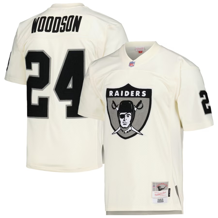 Men's Las Vegas Raiders Charles Woodson Mitchell & Ness Cream Chainstitch Legacy Jersey - ujerseystore