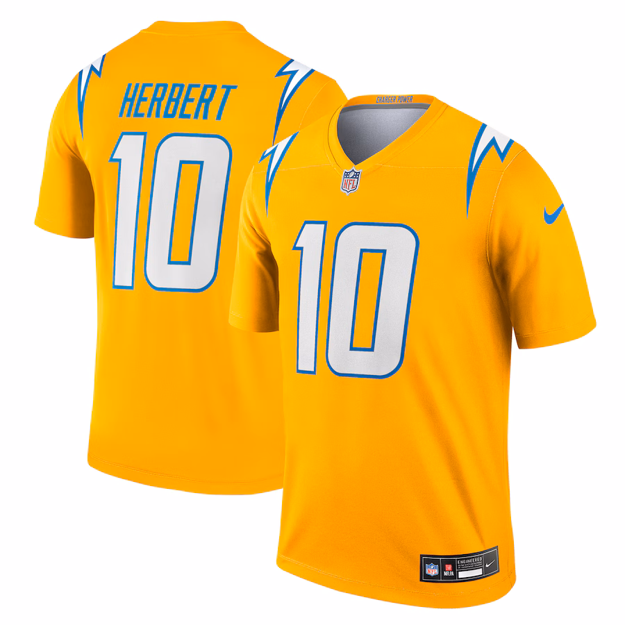Men's Los Angeles Chargers Justin Herbert Nike Gold Alternate Charger Power Legend Player Performance Top - ujerseystore