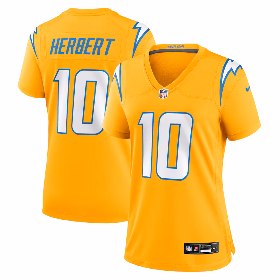 Women's Los Angeles Chargers Justin Herbert Nike Gold Alternate Charger Power Game Jersey - ujerseystore