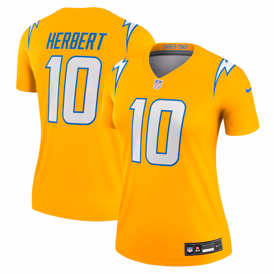 Women's Los Angeles Chargers Justin Herbert Nike Gold Alternate Charger Power Legend Player Performance Top - ujerseystore