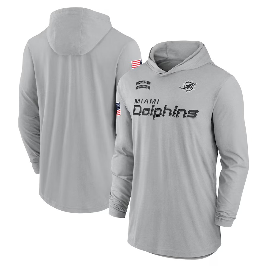 Men's Miami Dolphins Nike Gray 2024 Salute to Service Lightweight Performance Long Sleeve Hooded T-Shirt - ujerseystore