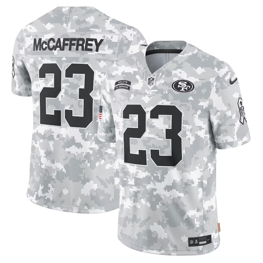 Men's San Francisco 49ers Christian McCaffrey Nike Arctic Camo 2024 Salute to Service Limited Jersey - ujerseystore