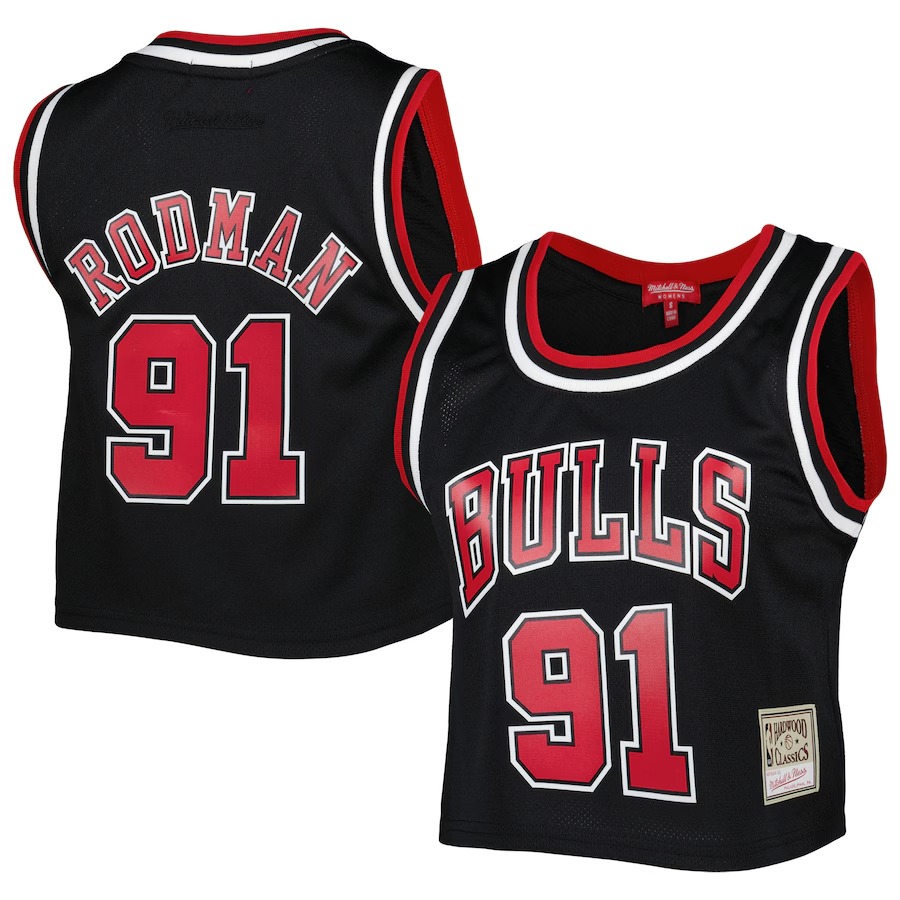Women's Chicago Bulls Dennis Rodman Mitchell & Ness Black 1997 Hardwood Classics Crop Player Tank Top - ujerseystore