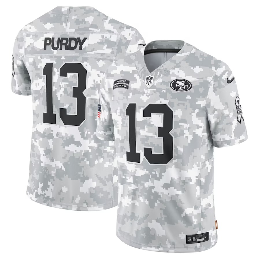 Men's San Francisco 49ers Brock Purdy Nike Arctic Camo 2024 Salute to Service Limited Jersey - ujerseystore
