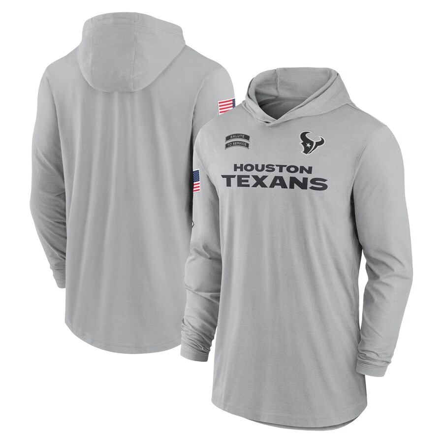 Men's Houston Texans Nike Gray 2024 Salute to Service Lightweight Performance Long Sleeve Hooded T-Shirt - ujerseystore