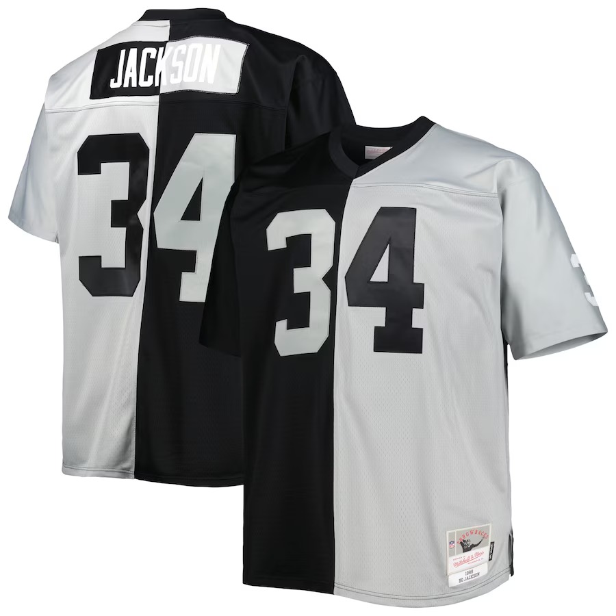 Men's Las Vegas Raiders Bo Jackson Mitchell & Ness Black/Silver Big & Tall Split Legacy Retired Player Replica Jersey - ujerseystore