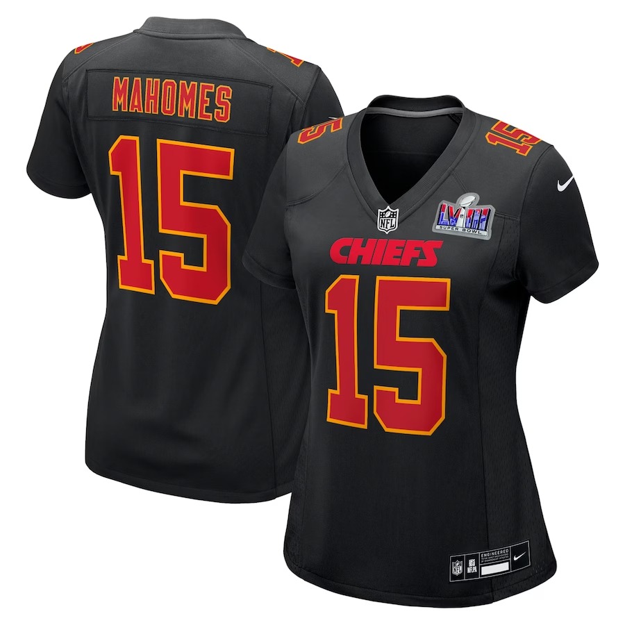 Women's Kansas City Chiefs Patrick Mahomes Nike Black Super Bowl LVIII Carbon Fashion Game Player Jersey - ujerseystore