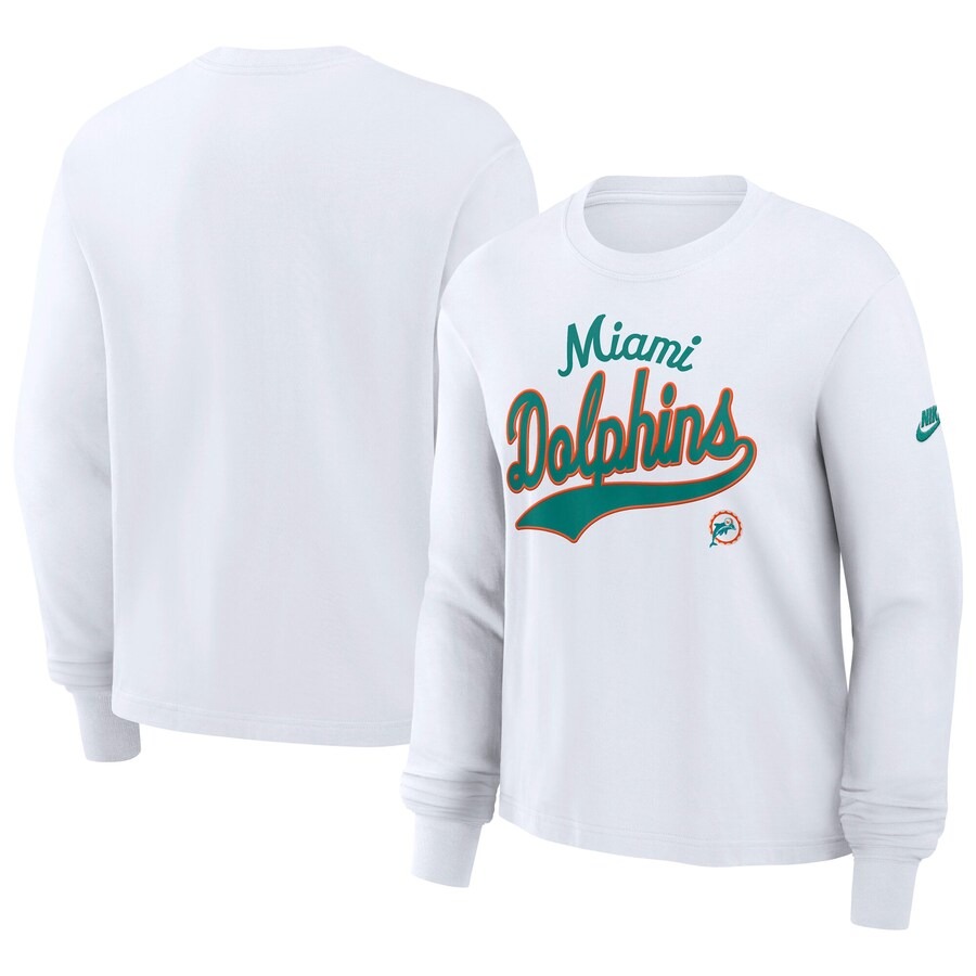 Women's Miami Dolphins Nike White Essential Long Sleeve Boxy T-Shirt - ujerseystore