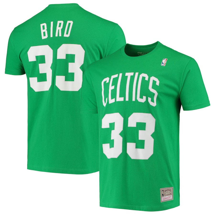 Men's Boston Celtics Larry Bird Mitchell & Ness Kelly Green Hardwood Classics Stitch Name & Number T-Shirt - ujerseystore