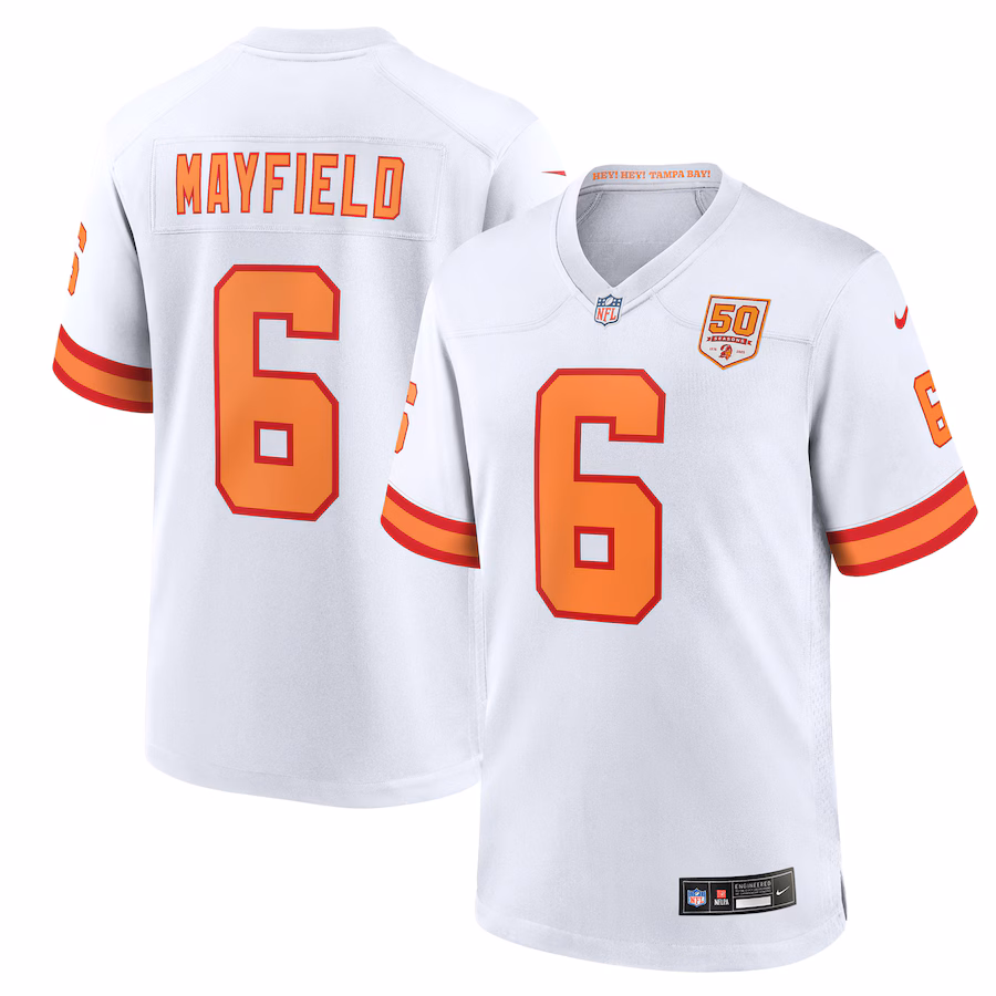 Men's '76 Tampa Bay Buccaneers Baker Mayfield Nike White 50th Season Game Jersey - ujerseystore