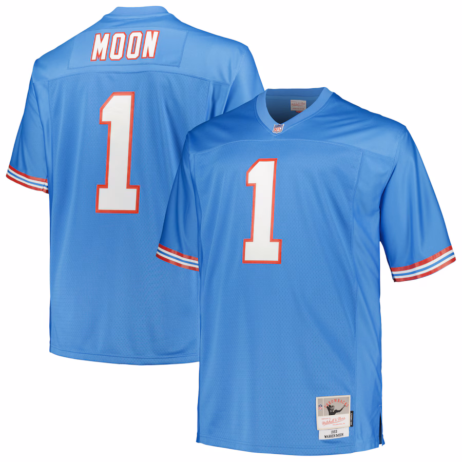 Men's Houston Oilers Warren Moon Mitchell & Ness Light Blue Big & Tall 1993 Legacy Retired Player Jersey - ujerseystore