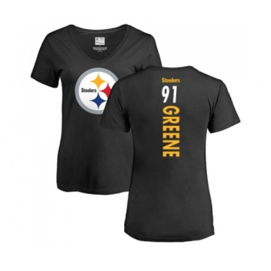 Football Women's Pittsburgh Steelers #91 Kevin Greene Black Backer Slim Fit T-Shirt - ujerseystore