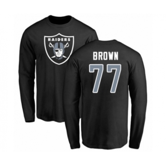 Football Oakland Raiders #77 Trent Brown Black Name & Number Logo Long Sleeve T-Shirt - ujerseystore