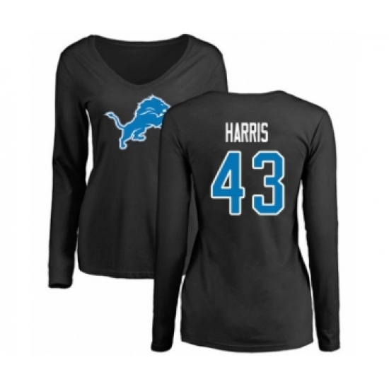 Football Women's Detroit Lions #43 Will Harris Black Name & Number Logo Long Sleeve T-Shirt - ujerseystore