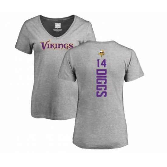 Football Women's Minnesota Vikings #14 Stefon Diggs Ash Backer V-Neck T-Shirt - ujerseystore