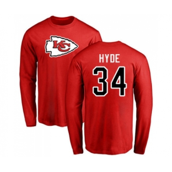 Football Kansas City Chiefs #34 Carlos Hyde Red Name & Number Logo Long Sleeve T-Shirt - ujerseystore